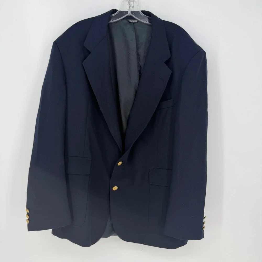 Hunt Valley Blazer Mens 46R Navy Blue Gold Crest Button USA Preppy Ivy Sport